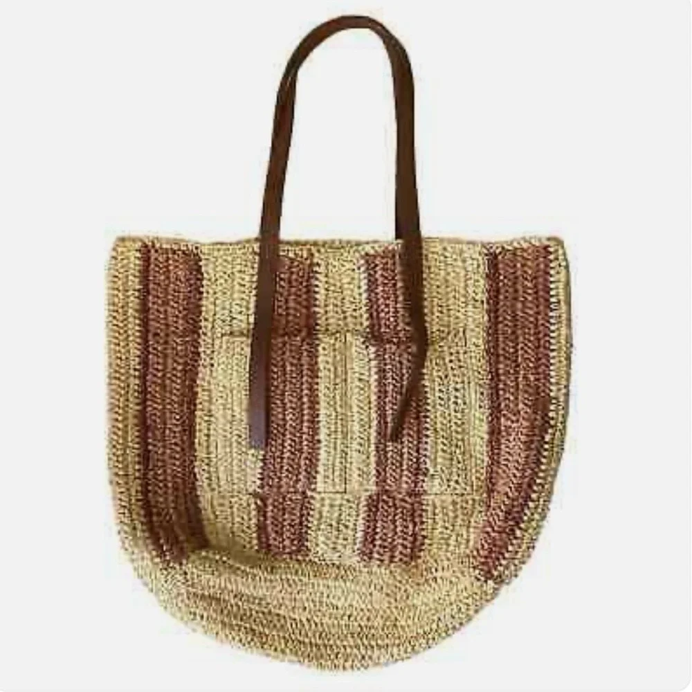 J. JILL Oversized Woven Straw Striped Tote Boho Vibes Leather Handle Market Bag - Picture 9 of 9